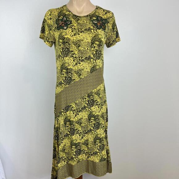 Desigual Women's Small Duna Yellow Floral Print Midi Short Sleeve Dress Cut Out - Picture 1 of 13